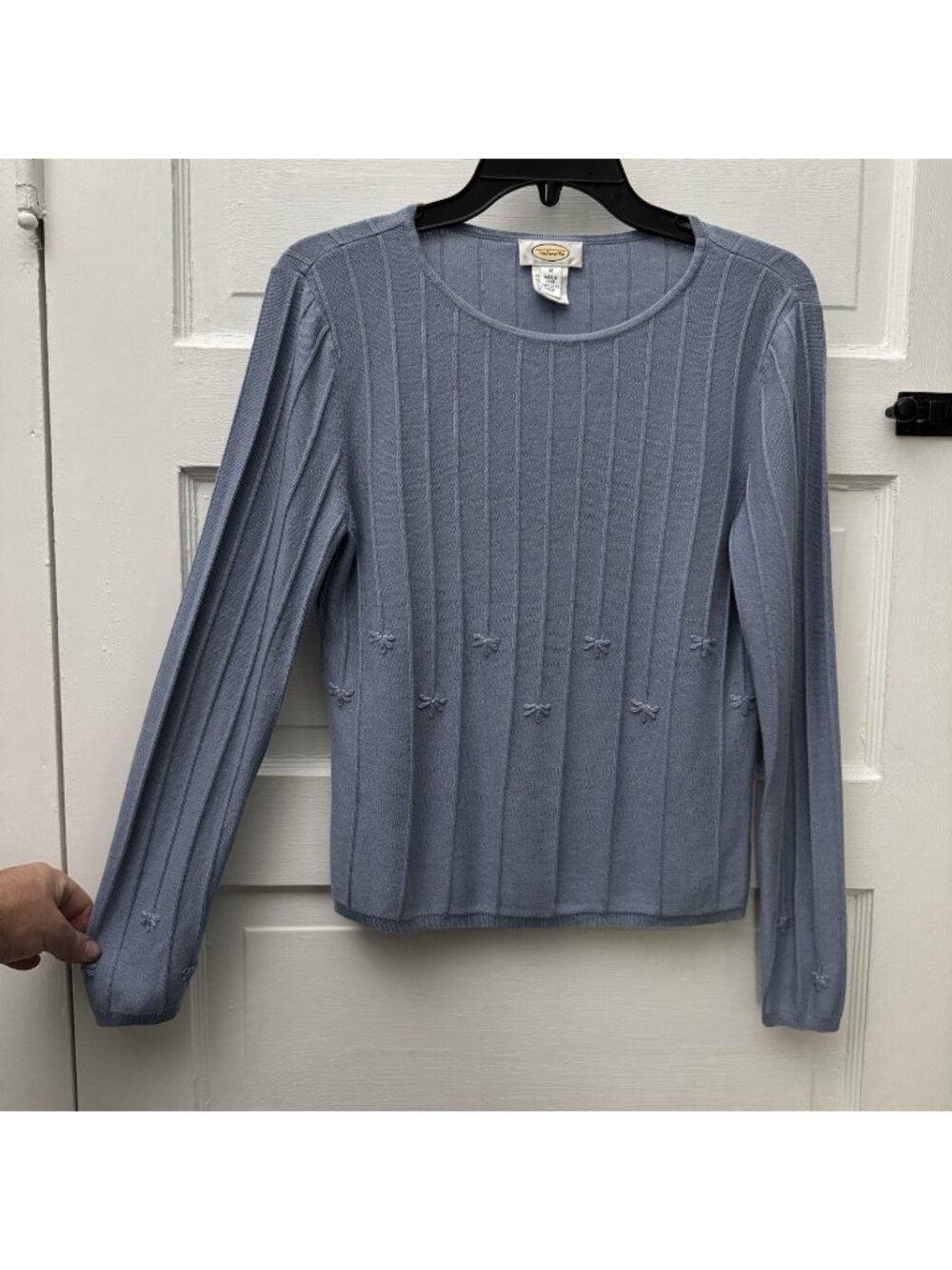 Talbots Womens M Silk Cotton Cashmere Blue Ribbed Sweater Bow Embroidered